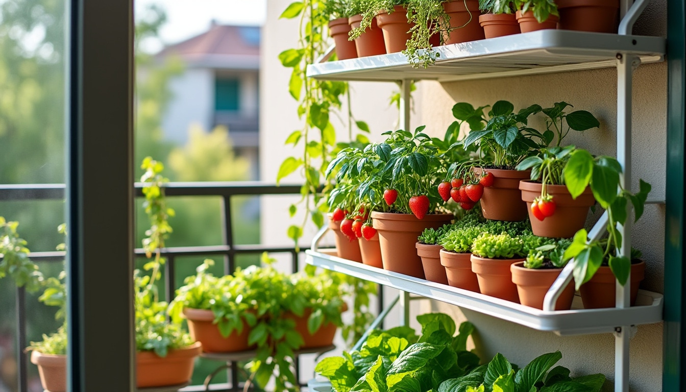 Jardín vertical en balcón urbano con macetas escalonadas y plantas verdes