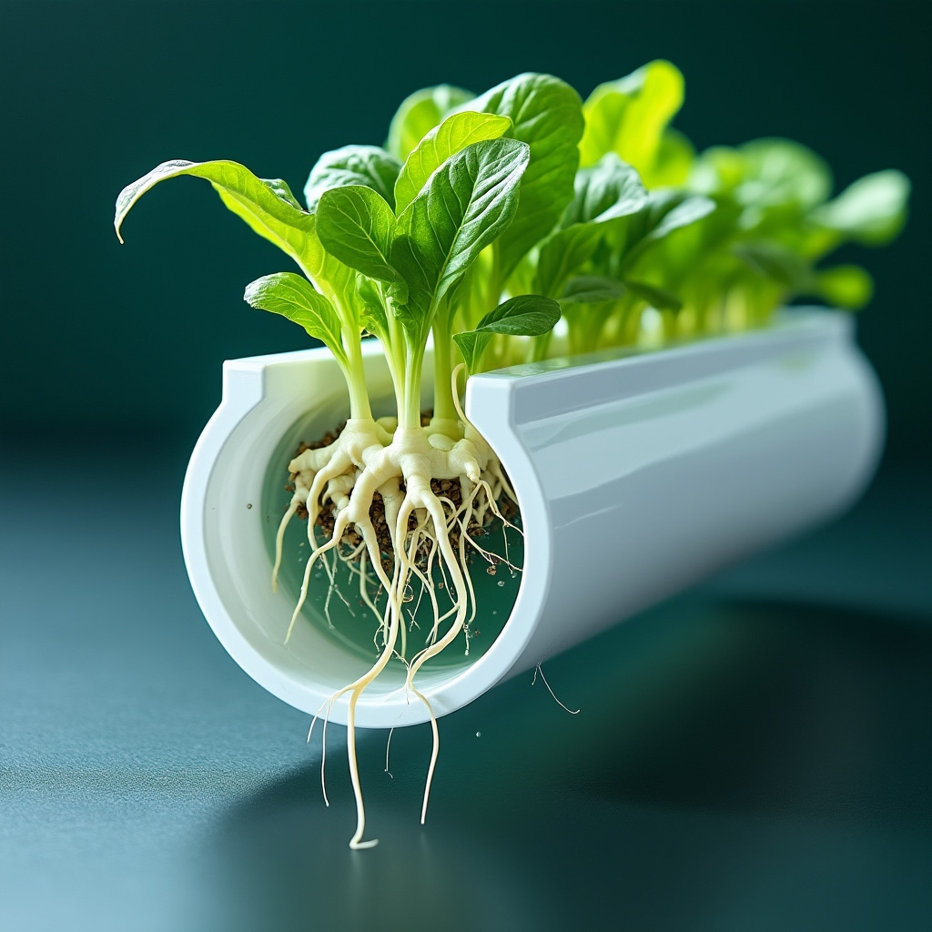 Sistema hidropónico NFT con raíces visibles y solución nutritiva