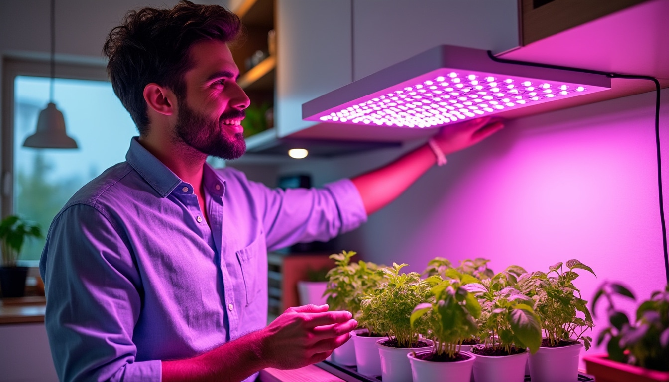 Cultivo interior de hierbas aromáticas bajo paneles LED de espectro completo