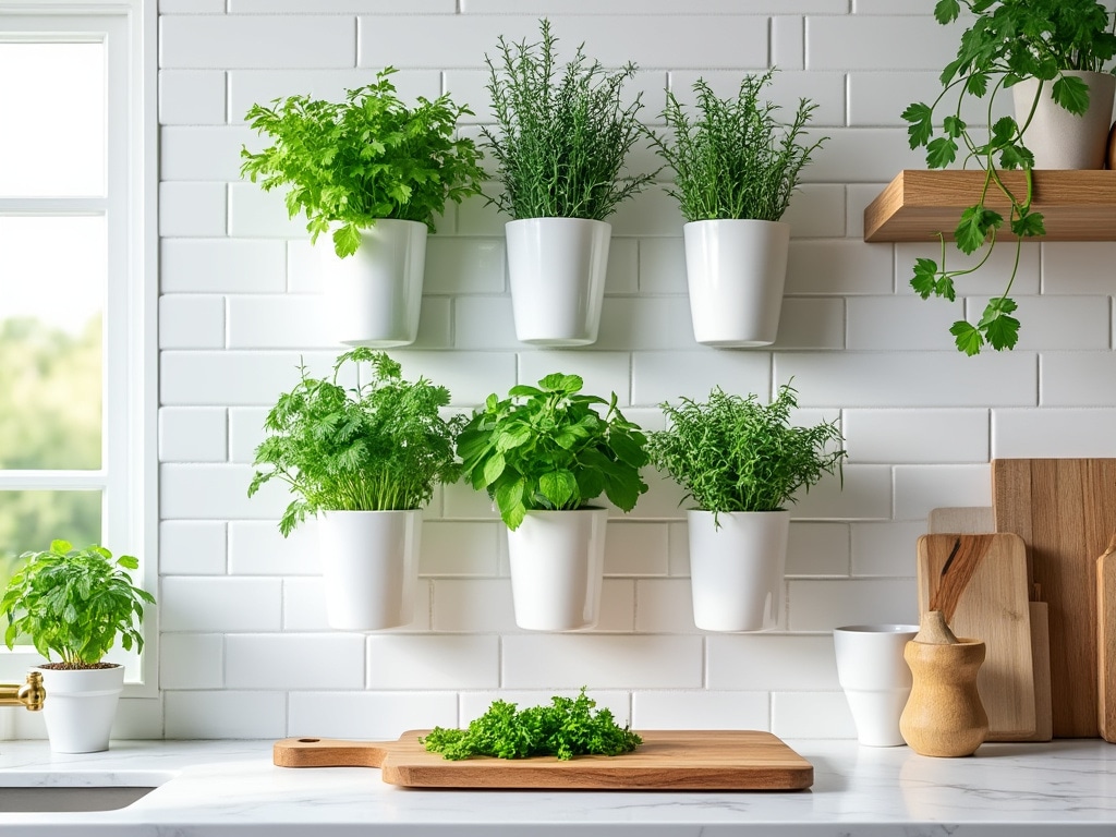 Pared de hierbas aromáticas en cocina moderna con macetas colgantes