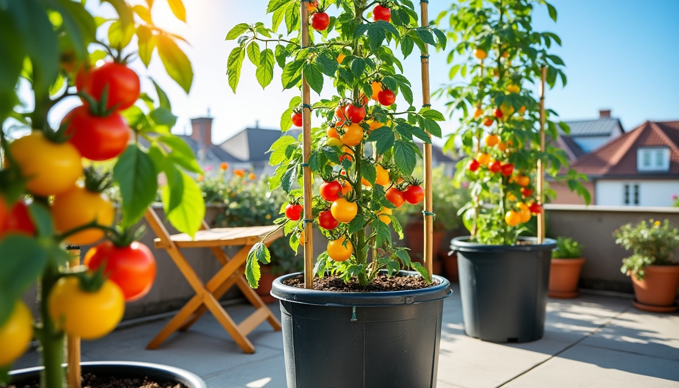 Cultivo de tomates cherry en macetas grandes sobre terraza soleada