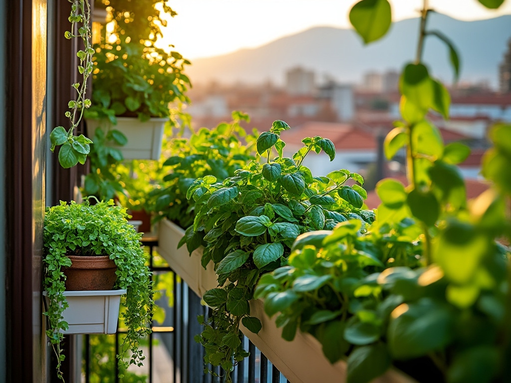 Jardín urbano exuberante en un balcón con plantas hidropónicas